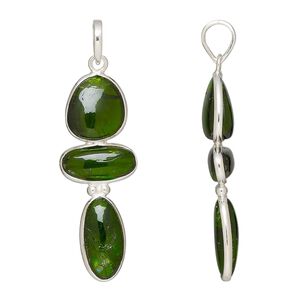 Pendant, chrome diopside (natural) and sterling silver, 39x13mm-44x17mm double-sided. Sold individually.