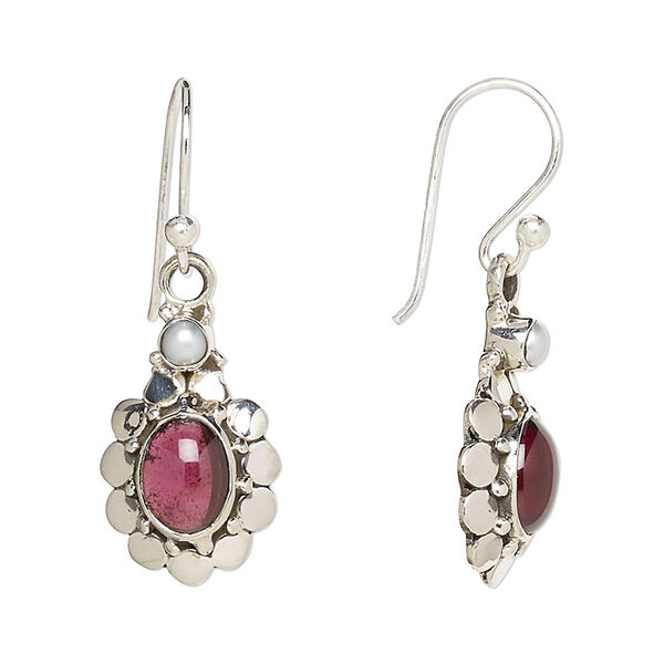 Earring, garnet (natural) / cultured freshwater pearl (bleached) / antiqued sterling silver, 34mm with fancy oval and fishhook ear wire, 21 gauge. Sold per pair. image number 0