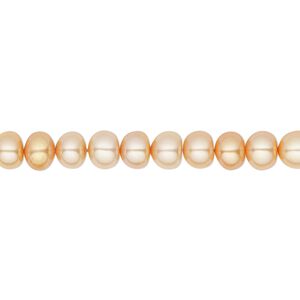 Pearl, cultured freshwater (dyed), apricot, 5-6mm button, C grade, Mohs hardness 2-1/2 to 4. Sold per 16-inch strand.