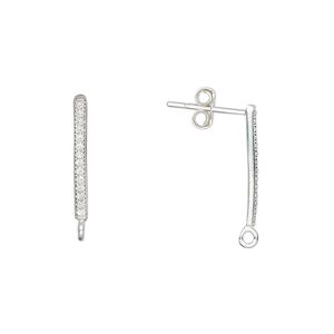 Earstud 1pkg2 sterling silver / cubic zirconia, 16.5x1.5mm bar / closed loop, 20 gauge clear 1 pair