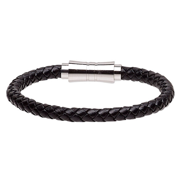 Bracelet, Everyday Jewelry, leather (dyed) and stainless steel, black, 6mm bolo cord, 6-1/2 inches with magnetic clasp. Sold individually. image number 0