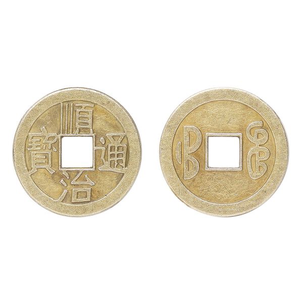 Charm, antique brass-plated aluminum, 24mm Chinese coin replica. Sold per pkg of 20. image number 0