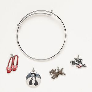 Bracelet and charm assortment, antique silver-finished brass / fabric / enamel, Dorothy Red, 7-1/2 inches. Sold per 5-piece set.