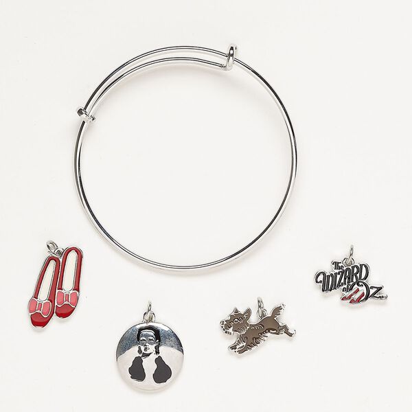 Bracelet and charm assortment, antique silver-finished brass / fabric / enamel, Dorothy Red, 7-1/2 inches. Sold per 5-piece set. image number 0