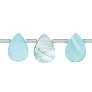 Bead, mother-of-pearl shell (dyed), blue, 14x6mm-14x10mm top-drilled flat teardrop, Mohs hardness 3-1/2. Sold per 15-inch strand, approximately 25 beads.