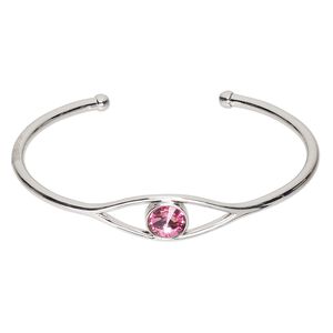 Bracelet, cuff, Everyday Jewelry™, Crystal Passions® and silver-plated "pewter", rose, 12mm wide round, 8-1/2 inches. Sold individually.