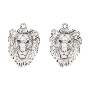 Charm, antique silver-finished "pewter" (zinc-based alloy) and glass, clear and black, 26x22mm single-sided lion head. Sold per pkg of 2.