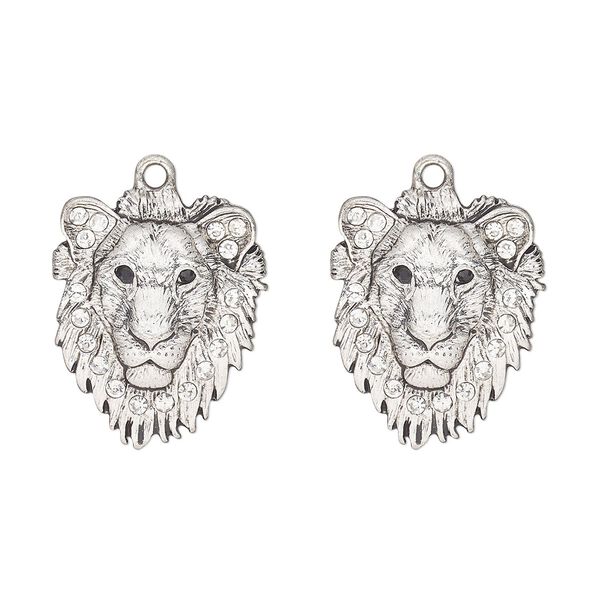 Charm, antique silver-finished "pewter" (zinc-based alloy) and glass, clear and black, 26x22mm single-sided lion head. Sold per pkg of 2. image number 0