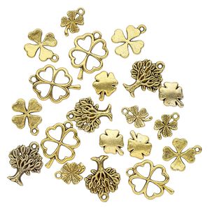 Bead and charm, antique gold-finished "pewter" (zinc-based alloy), 12x10mm-22x17mm single- and double-sided assorted clover and tree. Sold per pkg of 20.