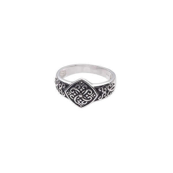 Ring, sterling silver and enamel, black, 12mm diamond and swirls design, size 9. Sold individually. image number 0