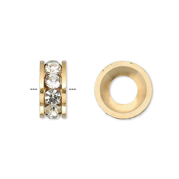 Bead, Dione®, Czech crystal and gold-finished brass, crystal clear, 14x6mm rondelle with 7mm hole. Sold per pkg of 2. image number 0