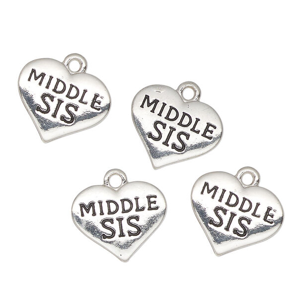 Charm, antique silver-finished enamel "pewter" (zinc-based alloy), black, 16x13mm heart with "Middle Sis". Sold per pkg of 4. image number 0