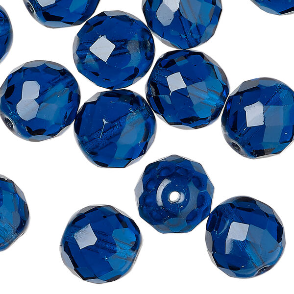 Bead 1pkg30, Czech fire-polished glass, 12mm faceted round, transparent dark aqua blue, (60080). image number 0