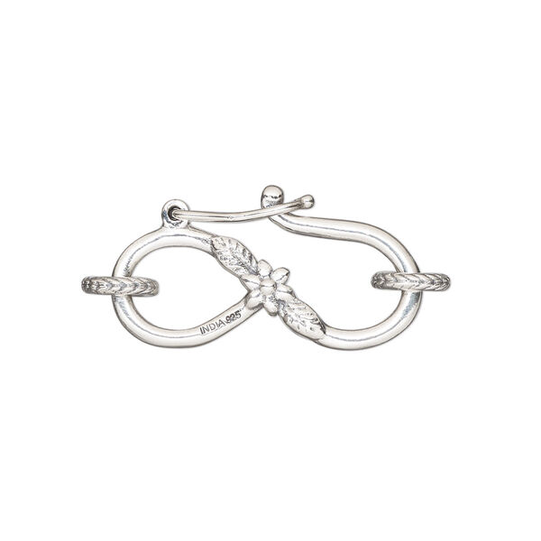Clasp, S-hook, antiqued sterling silver, 25x13mm double-sided with flower and safety latch closure. Sold individually. image number 0