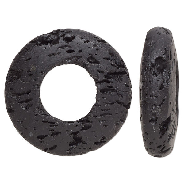 Focal, lava rock (waxed), black, 30mm donut, B grade, Mohs hardness 3 to 3-1/2. Sold per pkg of 2. image number 0