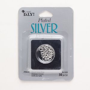 Jump ring, brass, pkg/30, silver plate, 4mm open round, 2.2mm inside diameter, 19 gauge.