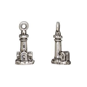 Charm, antique silver-plated pewter (tin-based alloy), 16.5x10mm 3D lighthouse. Sold per pkg of 2.