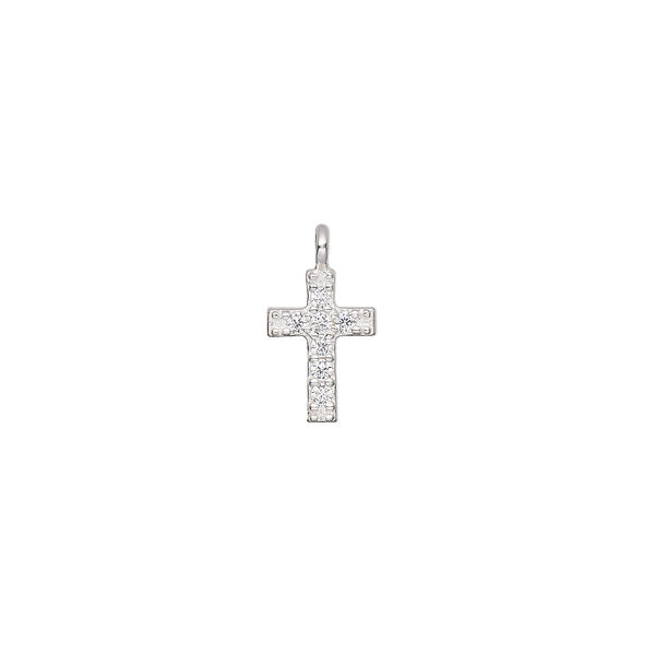 Drop, sterling silver and cubic zirconia, clear, 9x6mm single-sided cross. Sold individually. image number 0