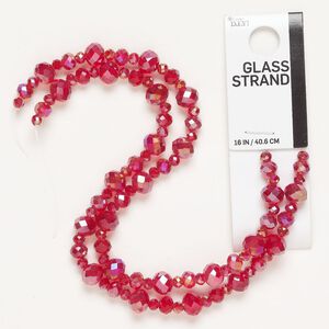 Bead, glass, pkg/15-1/2 to 16 inches, 4x3mm-8x6mm faceted rondelle, dark red AB.