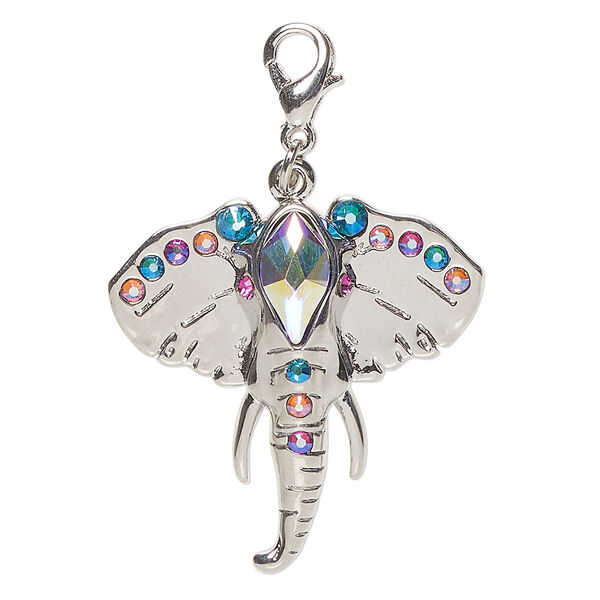 Focal, brass and glass, pkg/1, 31x28mm elephant with lobster claw clasp, silver finish and multicolored. image number 0