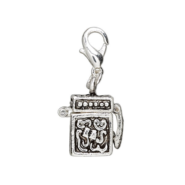 Drop, antique silver-finished "pewter" (zinc-based alloy), 15x10mm cube prayer box with swirl design and magnetic safety latch with lobster claw clasp. Sold individually. image number 0
