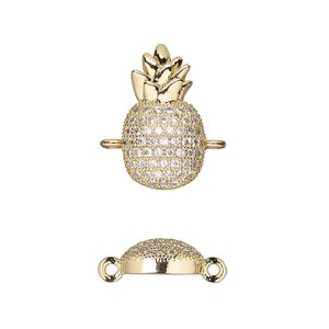Link, cubic zirconia and gold-finished brass, clear, 16.5x9mm single-sided pineapple. Sold individually.