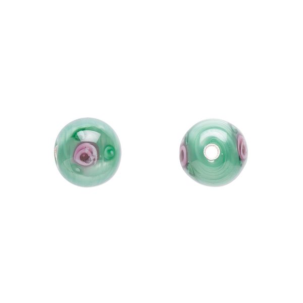 Bead, Czech lampworked glass, opaque green and pink, 8-9mm round with flower design. Sold per pkg of 6. image number 0