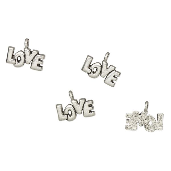 Charm, antiqued pewter (tin-based alloy), 12x7mm love. Sold per pkg of 4. image number 0