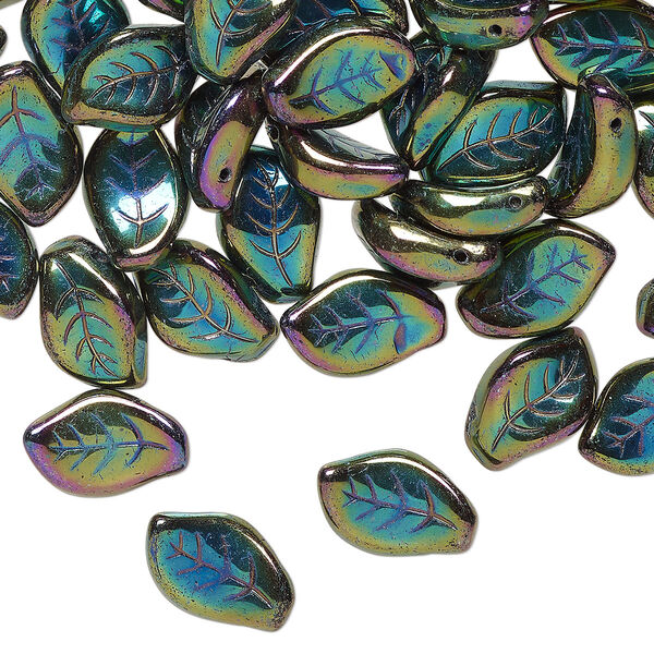 Czech pressed glass 1pkg60, top-drilled leaf bead opaque iris green 14x9mm image number 0