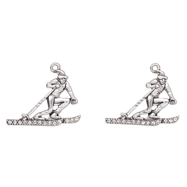 Focal, antique silver-finished "pewter" (zinc-based alloy) and glass, clear, 30x23mm skier. Sold per pkg of 2. image number 0
