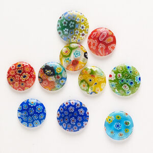 Bead, millefiori glass, pkg/10, opaque to transparent multicolored, 19mm top-drilled/half-drilled/undrilled puffed flat round.