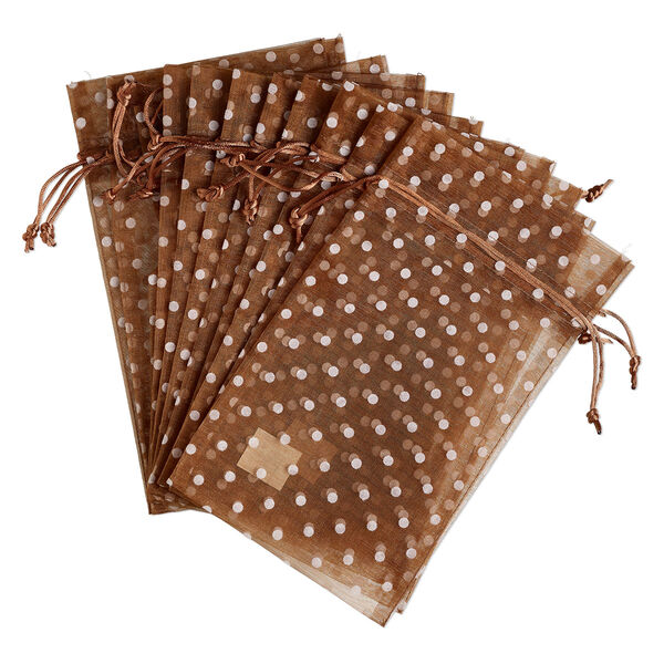 Pouch, flocked organza, copper and white, 10x6 inches with dots pattern and drawstring closure. Sold per pkg of 12. image number 0