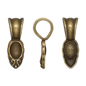 Bail, glue-on, antique brass-finished "pewter" (zinc-based alloy), 25.5x8.5mm leaf with 15x8.5mm pad. Sold per pkg of 10.