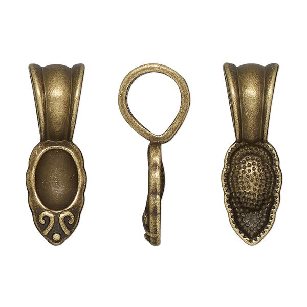 Bail, glue-on, antique brass-finished "pewter" (zinc-based alloy), 25.5x8.5mm leaf with 15x8.5mm pad. Sold per pkg of 10. image number 0