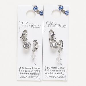 Drop, silver-finished "pewter" (zinc-based alloy) / steel / glass, clear,22x7mm single-sided and 24x9mm single-sided with lobster claw clasp. Sold per pkg of (2) 2-piece sets.