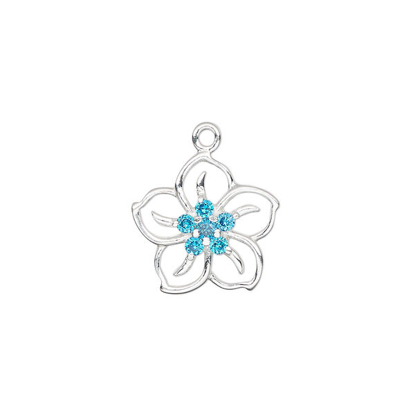 Charm, sterling silver and cubic zirconia, turquoise blue, 15mm single-sided flower. Sold individually. image number 0