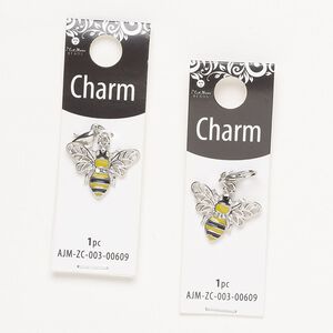 Charm, silver-finished enamel "pewter" (zinc-based alloy) / steel / glass, clear / yellow / black, 22x19mm single-sided bumblebee with lobster claw clasp. Sold per pkg of 2.