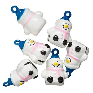 Bell, brass and enamel, multicolored, 20x18mm snowman with clapper. Sold per pkg of 6.