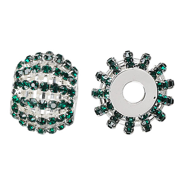 Bead, glass rhinestone and silver-finished brass, emerald green, 25x20mm barrel with 3mm chatons, 6.5mm hole. Sold individually. image number 0