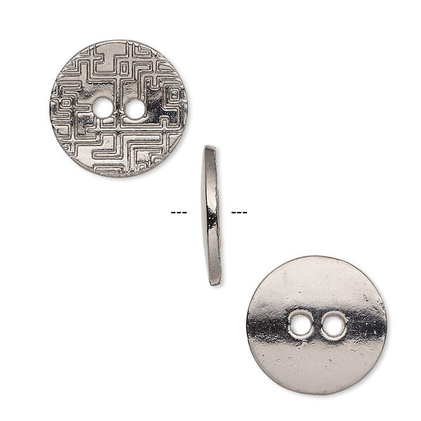 Button, gunmetal-plated "pewter" (zinc-based alloy), 15mm single-sided flat round with geometric design. Sold per pkg of 20. image number 0