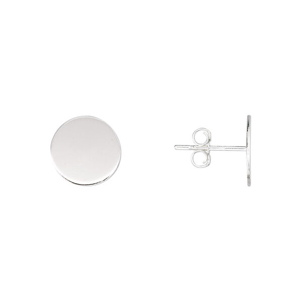Earstud, sterling silver, 10mm round flat pad. Sold per pkg of 5 pairs. image number 0