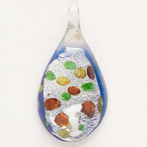 Focal, lampworked glass, opaque cobalt blue / white / clear with silver-colored foil, 44x24mm-45x25mm teardrop with dots. Sold individually.