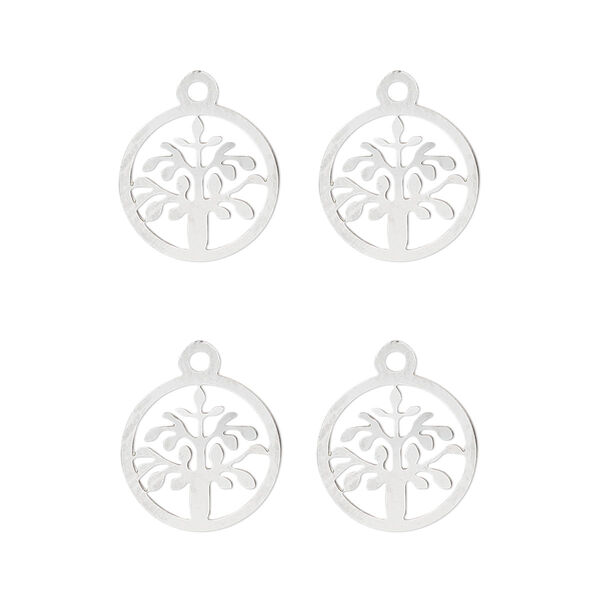 Drop, Lazer Lace™, stainless steel, 12mm double-sided flat round with cutout tree of life. Sold per pkg of 4. image number 0
