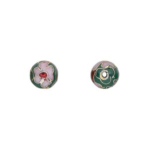 Bead, cloisonné, enamel and gold-finished copper, green / pink / red, 8mm round with flower design. Sold per pkg of 10.