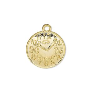 Charm, gold-finished "pewter" (zinc-based alloy), 18.5mm single-sided domed clock face. Sold per pkg of 10.
