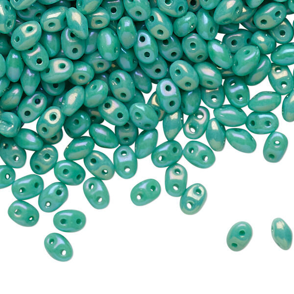 Bead, Preciosa Twin™, Pressed Twin, Czech pressed glass, rainbow turquoise green, 5x2.5mm oval with 2 holes. Sold per 50-gram pkg. image number 0