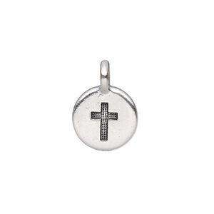 Drop, TierraCast®, antique silver-plated pewter (tin-based alloy), 11.5mm single-sided round with cross. Sold per pkg of 2.