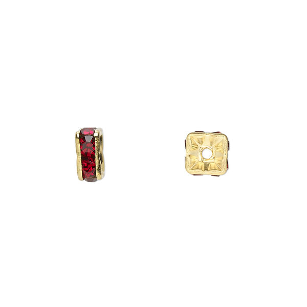 Bead, glass rhinestone and gold-finished brass, garnet red, 6x3mm squaredelle. Sold per pkg of 10. image number 0