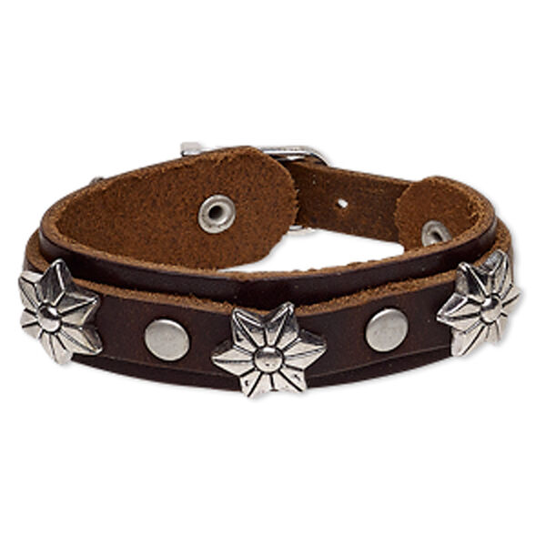 Bracelet, leather (dyed) / imitation rhodium-plated steel / antique silver-plated "pewter" (zinc-based alloy), brown, 22mm wide with 19x17mm flower, adjustable from 6-1/2 to 7 inches with buckle-style closure. Sold individually. image number 0