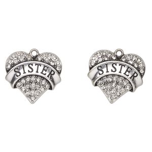 Charm, antique silver-finished enamel "pewter" (zinc-based alloy) and glass, clear and black, 24x23mm heart with "Sister". Sold per pkg of 2.